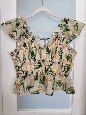 En Saison Rylee Peplum Top - Floral Ruffle Tie-Front - Beige Green - M